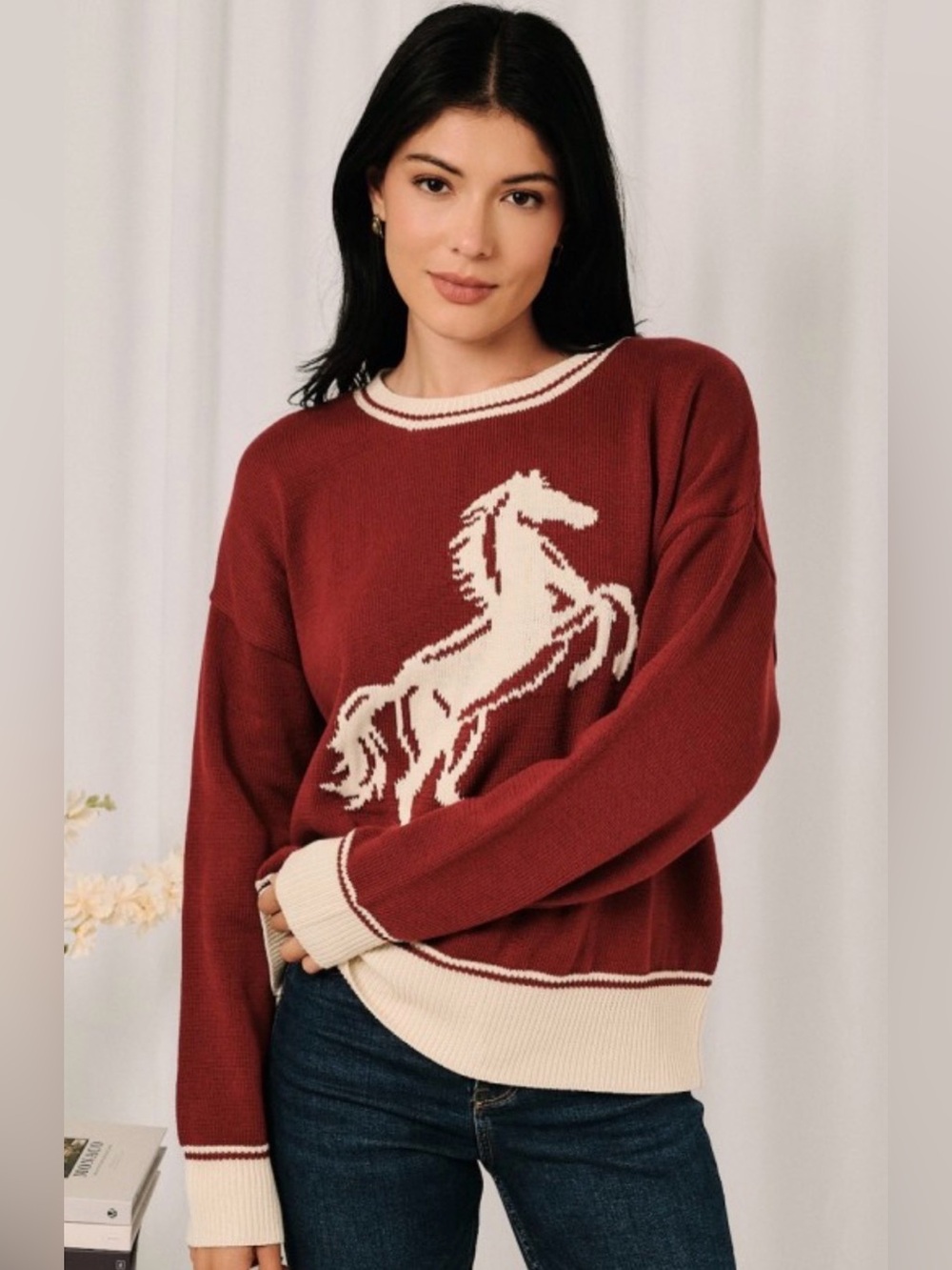 Horse Intarsia Crewneck Sweater - Burgundy/Cream